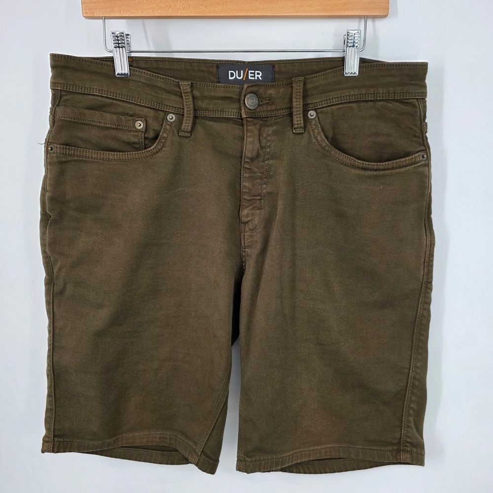 DU/ER No Sweat N2X Relaxed Taper Performance Shorts Mens 34 Olive Green 9 Inseam